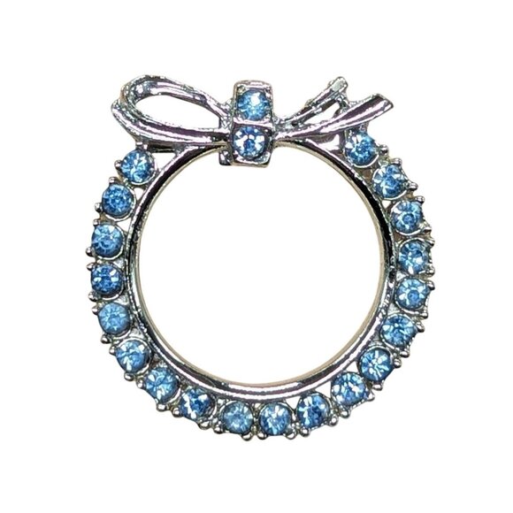 Jewelry - Silver-Tone Blue Rhinestone Circle Wreath Brooch Pin Bow Elegant 1.25"